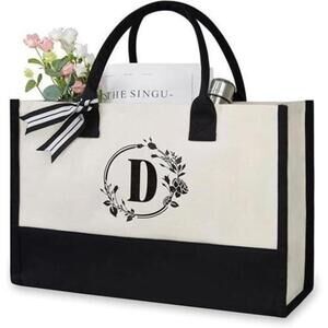 Initial (D) Jute/Canvas Beach Bag, Monogrammed Tote Bag